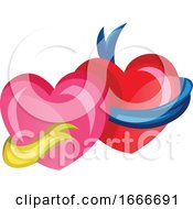 Poster, Art Print Of A Pink Heart With A Yellow Ribbon And A Red Heart With A Blue Ribbon