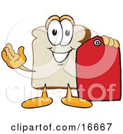 Slice Of White Bread Food Mascot Cartoon Character Holding Out A Red Clearance Sales Price Tag