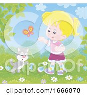 Poster, Art Print Of Girl And Cat Chasing Butterflies