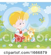 Poster, Art Print Of Boy Playing With A Kitten