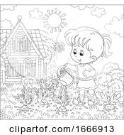Poster, Art Print Of Girl Watering Plants In A Garden
