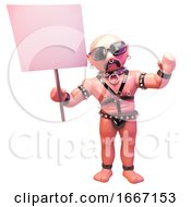 3d Fetish Gay Leather Man Holding A Blank Placard 3d Illustration