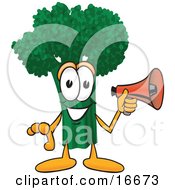 Clipart Picture Of A Green Broccoli Food Mascot Cartoon Character Holding A Bullhorn Megaphone by Mascot Junction
