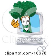 Green Broccoli Food Mascot Cartoon Character Waving From Inside A Computer Screen