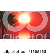 Poster, Art Print Of 3d Palm Trees Against Sunset Ocean Landscape