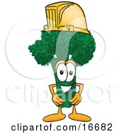 Green Broccoli Food Mascot Cartoon Character Wearing A Yellow Hardhat Helmet