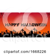 Poster, Art Print Of Halloween Banner With Graveyard Silhouette