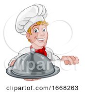 Chef Holding Plate Platter Sign Cartoon