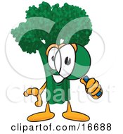 Poster, Art Print Of Green Broccoli Food Mascot Cartoon Character Looking Through A Magnifying Glass