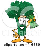 Clipart Picture Of A Green Broccoli Food Mascot Cartoon Character Holding A Banknote