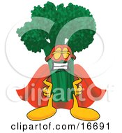 Green Broccoli Food Mascot Cartoon Character Wearing A Super Hero Costume by Mascot Junction