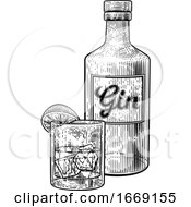 Poster, Art Print Of Gin Cocktail Bottle Glass And Ice Vintage Woodcut