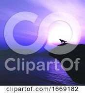 Poster, Art Print Of 3d Wolf On A Cliff Howling Against Against A Sunset Sky