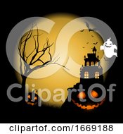 Poster, Art Print Of Halloween Background With Pumpkins Against Castle Landscape