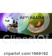 Poster, Art Print Of Halloween Banner With Castle And Pumpkin Face