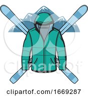 Poster, Art Print Of Ski Jacket And Skis Over Mountains