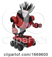 Poster, Art Print Of Droid Containing Humanoid Face Mask And Blood Tears And Heavy Upper Chest And Circle Of Blue Leds And Six-Wheeler Base Primary Red Halftone Fight Or Defense Pose