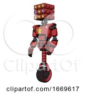 Poster, Art Print Of Android Containing Dual Retro Camera Head And Cube Array Head And Light Chest Exoshielding And Yellow Star And Unicycle Wheel Primary Red Halftone Facing Right View
