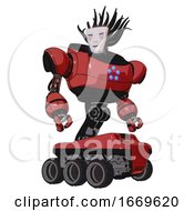 Poster, Art Print Of Droid Containing Humanoid Face Mask And Blood Tears And Heavy Upper Chest And Circle Of Blue Leds And Six-Wheeler Base Primary Red Halftone Hero Pose