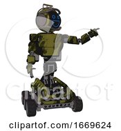 Poster, Art Print Of Cyborg Containing Digital Display Head And Wide Smile And Led And Protection Bars And Light Chest Exoshielding And Prototype Exoplate Chest And Rocket Pack And Six-Wheeler Base Grunge Army Green
