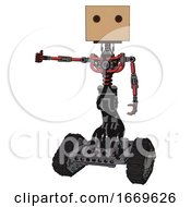 Poster, Art Print Of Android Containing Dual Retro Camera Head And Cardboard Box Head And Light Chest Exoshielding And No Chest Plating And Tank Tracks Primary Red Halftone Arm Out Holding Invisible Object