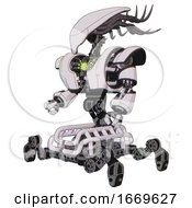 Poster, Art Print Of Cyborg Containing Flat Elongated Skull Head And Cables And Heavy Upper Chest And Heavy Mech Chest And Green Energy Core And Insect Walker Legs White Halftone Toon Facing Right View
