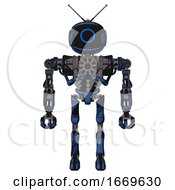 Poster, Art Print Of Automaton Containing Digital Display Head And Circle Face And Retro Antennas And Heavy Upper Chest And No Chest Plating And Ultralight Foot Exosuit Grunge Dark Blue Front View