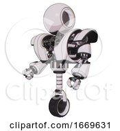 Poster, Art Print Of Droid Containing Round Head And Heavy Upper Chest And Heavy Mech Chest And Unicycle Wheel White Halftone Toon Facing Right View