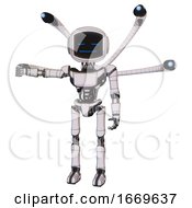 Poster, Art Print Of Droid Containing Digital Display Head And Sleeping Face And Light Chest Exoshielding And Ultralight Chest Exosuit And Blue-Eye Cam Cable Tentacles And Ultralight Foot Exosuit White Halftone Toon