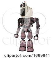 Poster, Art Print Of Bot Containing Old Computer Monitor And Old Computer Magnetic Tape And Heavy Upper Chest And No Chest Plating And Light Leg Exoshielding Grayish Pink Standing Looking Right Restful Pose