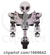 Poster, Art Print Of Robot Containing Grey Alien Style Head And Black Eyes And Helmet And Heavy Upper Chest And Heavy Mech Chest And Shoulder Spikes And Unicycle Wheel Sketch Pad Doodle Lines Front View