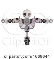 Poster, Art Print Of Robot Containing Grey Alien Style Head And Black Eyes And Helmet And Heavy Upper Chest And Heavy Mech Chest And Shoulder Spikes And Unicycle Wheel Sketch Pad Doodle Lines T-Pose