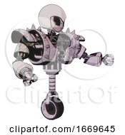 Poster, Art Print Of Robot Containing Grey Alien Style Head And Black Eyes And Helmet And Heavy Upper Chest And Heavy Mech Chest And Shoulder Spikes And Unicycle Wheel Sketch Pad Doodle Lines Interacting