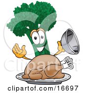 Poster, Art Print Of Green Broccoli Food Mascot Cartoon Character Serving A Cooked Thanksgiving Turkey In A Platter