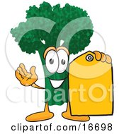 Green Broccoli Food Mascot Cartoon Character Holding A Yellow Sales Price Tag