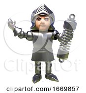 3d Knight In Shining Armour Holding A Suspension Shock Absorber 3d Illustration