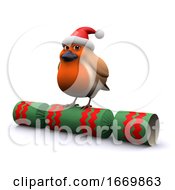 3d Christmas Robin Sits On A Xmas Cracker