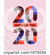 Poster, Art Print Of Happy New Year 2020 Design Multicolored Abstract Numbers With Stripes And Ribbons On Pink Background Elegant Vector Illustration In Retro Style For Holiday Calendar Or Greeting Card
