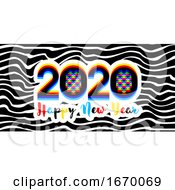 Poster, Art Print Of Modern Multicolored Numbers 2020 With Stereoscopic Effect And Happy New Year Greetings On Black White Striped Background Stylish Vector Illustration For Holiday Calendar Flyer Or
