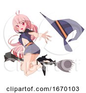 Poster, Art Print Of Manga Witch Flying And Catching A Hat