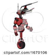 Poster, Art Print Of Cyborg Containing Dual Retro Camera Head And Communications Array Head And Light Chest Exoshielding And Red Energy Core And Unicycle Wheel Primary Red Halftone Facing Left View