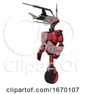 Poster, Art Print Of Cyborg Containing Dual Retro Camera Head And Communications Array Head And Light Chest Exoshielding And Red Energy Core And Unicycle Wheel Primary Red Halftone Facing Right View