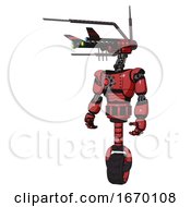 Poster, Art Print Of Cyborg Containing Dual Retro Camera Head And Communications Array Head And Light Chest Exoshielding And Red Energy Core And Unicycle Wheel Primary Red Halftone Standing Looking Right Restful Pose