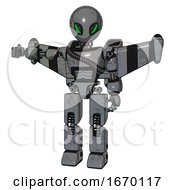 Poster, Art Print Of Droid Containing Grey Alien Style Head And Green Demon Eyes And Light Chest Exoshielding And Rubber Chain Sash And Stellar Jet Wing Rocket Pack And Prototype Exoplate Legs Patent Concrete Gray Metal