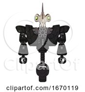 Poster, Art Print Of Robot Containing Bird Skull Head And Green Eyes And Heavy Upper Chest And Heavy Mech Chest And Unicycle Wheel Toon Black Scribbles Sketch Front View