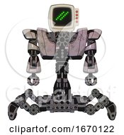 Poster, Art Print Of Robot Containing Old Computer Monitor And Double Backslash Pixel Design And Red Buttons And Heavy Upper Chest And Heavy Mech Chest And Insect Walker Legs Gray Metal Front View