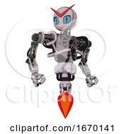 Poster, Art Print Of Robot Containing Grey Alien Style Head And Blue Grate Eyes And Heavy Upper Chest And No Chest Plating And Jet Propulsion Sketch Pad Light Hero Pose
