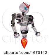 Poster, Art Print Of Robot Containing Grey Alien Style Head And Blue Grate Eyes And Heavy Upper Chest And No Chest Plating And Jet Propulsion Sketch Pad Light Facing Left View