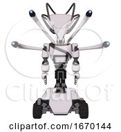 Poster, Art Print Of Automaton Containing Flat Elongated Skull Head And Cables And Light Chest Exoshielding And Rubber Chain Sash And Blue-Eye Cam Cable Tentacles And Six-Wheeler Base White Halftone Toon Front View