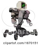 Poster, Art Print Of Robot Containing Old Computer Monitor And Double Backslash Pixel Design And Red Buttons And Heavy Upper Chest And Heavy Mech Chest And Insect Walker Legs Gray Metal Facing Left View